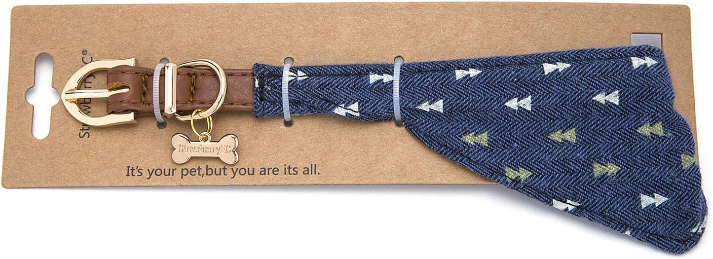 Puppy Collars for Small Dogs - Adjustable Puppy Id Buckle Collar Leather. Cute Plaid Bandana Dog Collar (Bandana-Navy-Note)