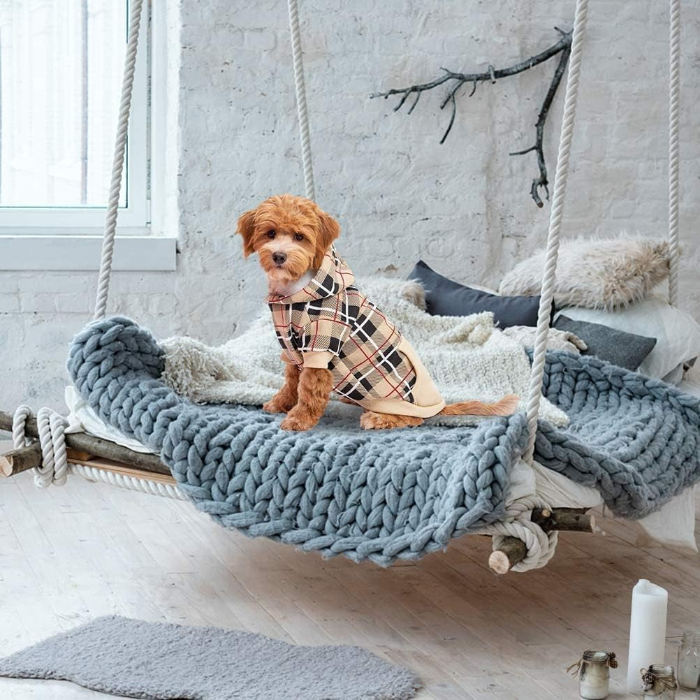 Plaid Dog Hoodie - British Style Warm Dog Sweater Shirt with Leash Hole,Pitbull Clothes Outfits,Winter Coat Apparel for All Breeds Puppy Girl Boy-Cat Apparel,Beige Medium