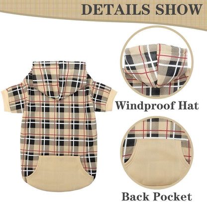 Plaid Dog Hoodie - British Style Warm Dog Sweater Shirt with Leash Hole,Pitbull Clothes Outfits,Winter Coat Apparel for All Breeds Puppy Girl Boy-Cat Apparel,Beige Medium