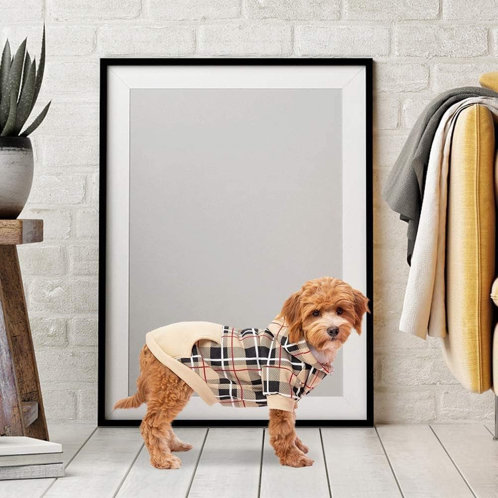 Plaid Dog Hoodie - British Style Warm Dog Sweater Shirt with Leash Hole,Pitbull Clothes Outfits,Winter Coat Apparel for All Breeds Puppy Girl Boy-Cat Apparel,Beige Medium