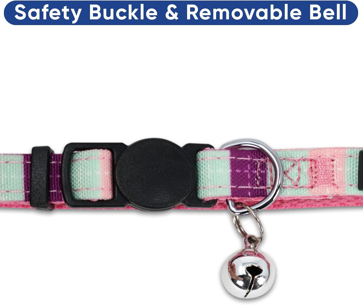 Pet Multicolor Cat Collar Teal/Pink/Purple with Safety Buckle and Removable Bell for Cats and Kittens