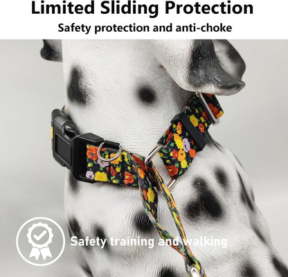 Martingale No Pull Collar with Buckle Adjustable Nylon Slip Collar for Dogs Training Walking (Orange Floral, Small)