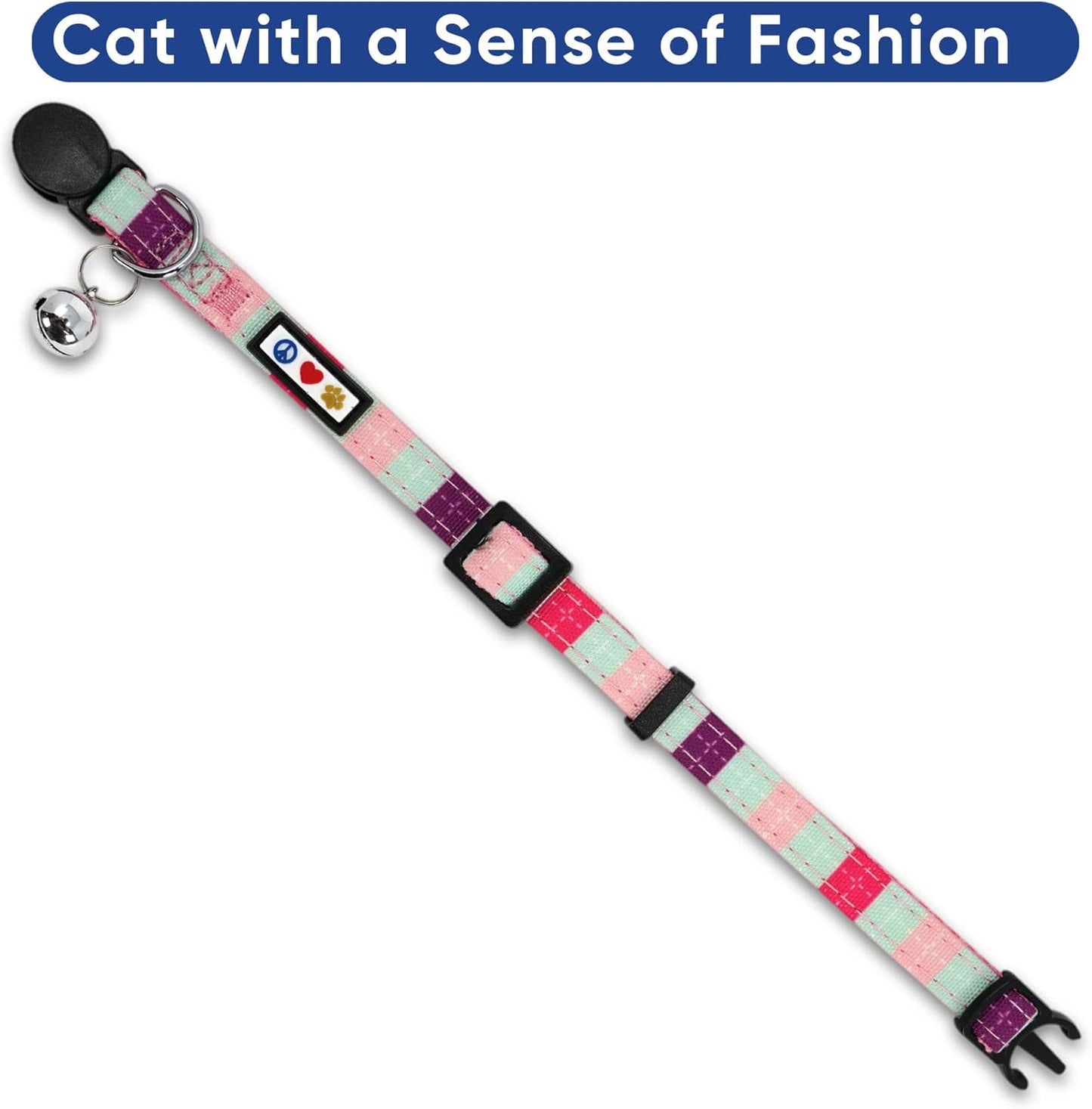 Pet Multicolor Cat Collar Teal/Pink/Purple with Safety Buckle and Removable Bell for Cats and Kittens