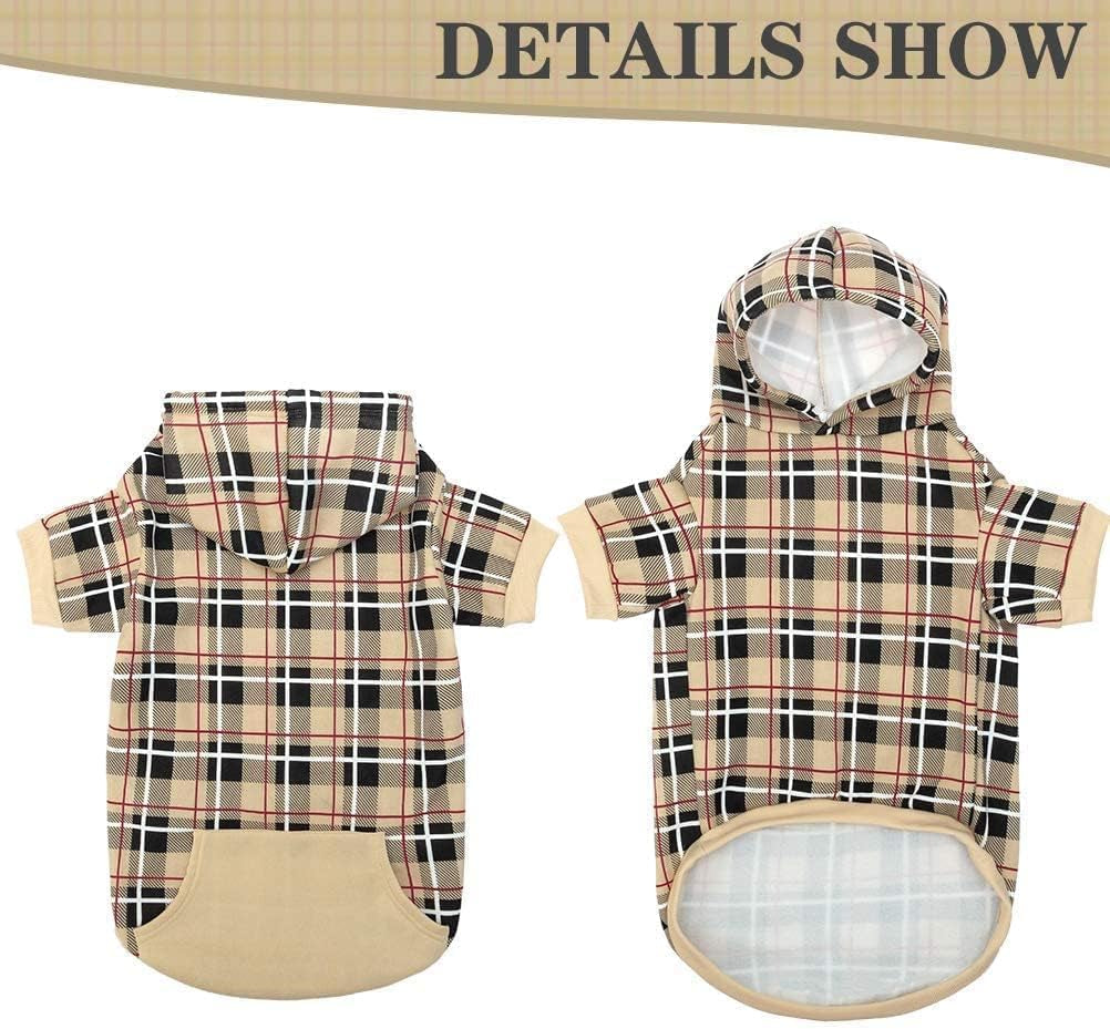 Plaid Dog Hoodie - British Style Warm Dog Sweater Shirt with Leash Hole,Pitbull Clothes Outfits,Winter Coat Apparel for All Breeds Puppy Girl Boy-Cat Apparel,Beige Medium