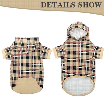 Plaid Dog Hoodie - British Style Warm Dog Sweater Shirt with Leash Hole,Pitbull Clothes Outfits,Winter Coat Apparel for All Breeds Puppy Girl Boy-Cat Apparel,Beige Medium