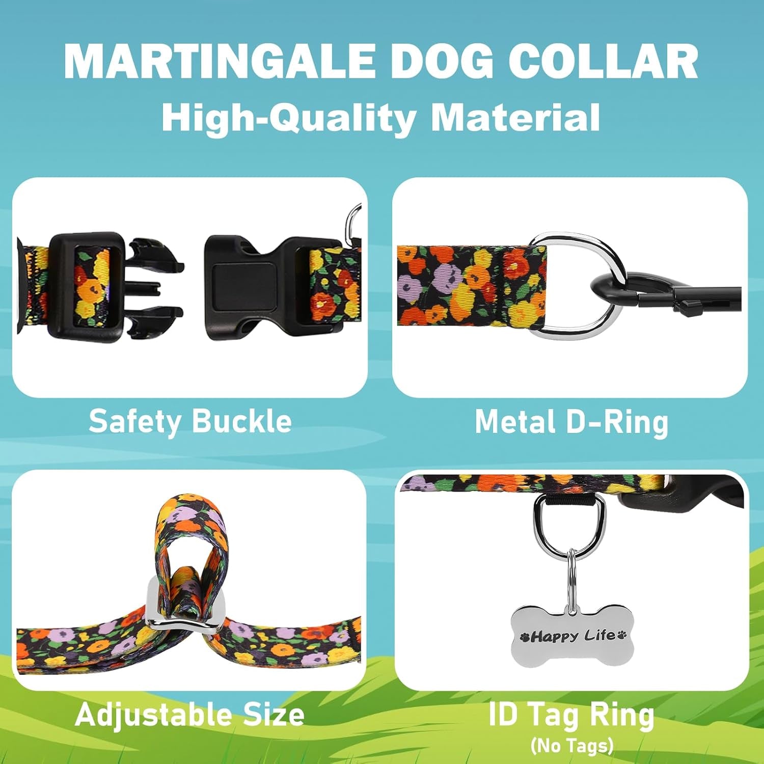 Martingale No Pull Collar with Buckle Adjustable Nylon Slip Collar for Dogs Training Walking (Orange Floral, Small)