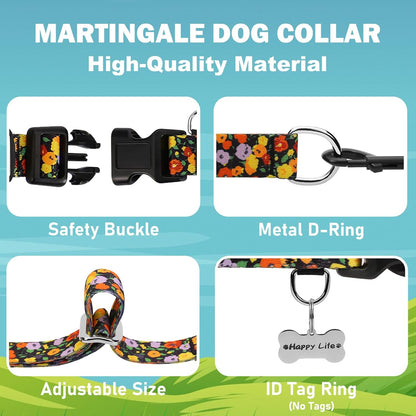 Martingale No Pull Collar with Buckle Adjustable Nylon Slip Collar for Dogs Training Walking (Orange Floral, Small)